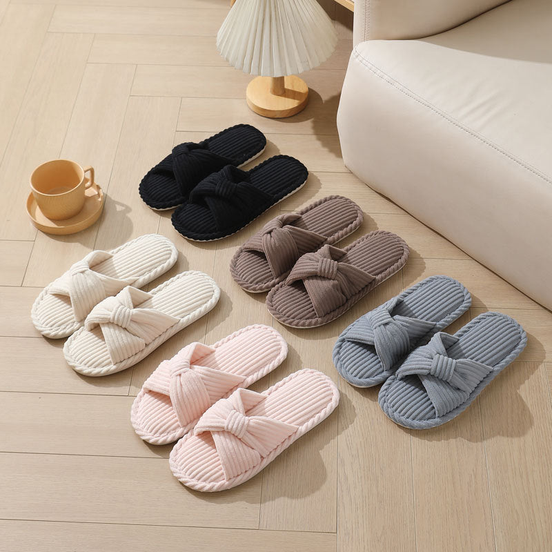 Cozy Corduroy Crossed Bow Indoor Slippers