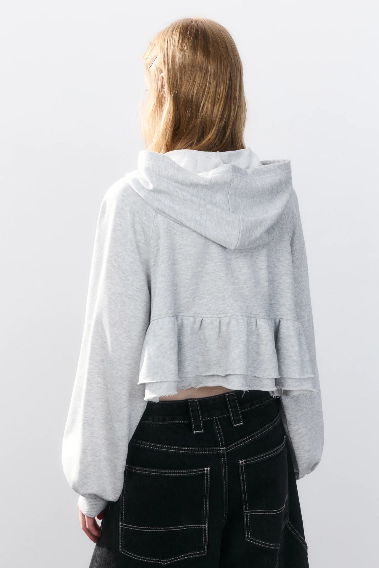 Solid Color Ruffle Trim Zip-Up Hoodie Sweatshirt