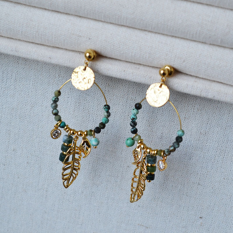 Turquoise Hoop Tassel Leaf Drop Stud Earrings