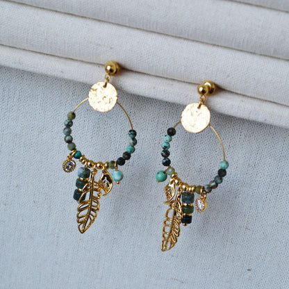 Turquoise Hoop Tassel Leaf Drop Stud Earrings