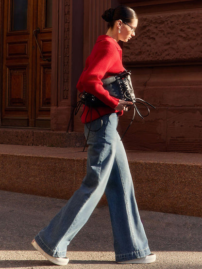 Solid Color Zipper Sweater Loose Knit Sweater