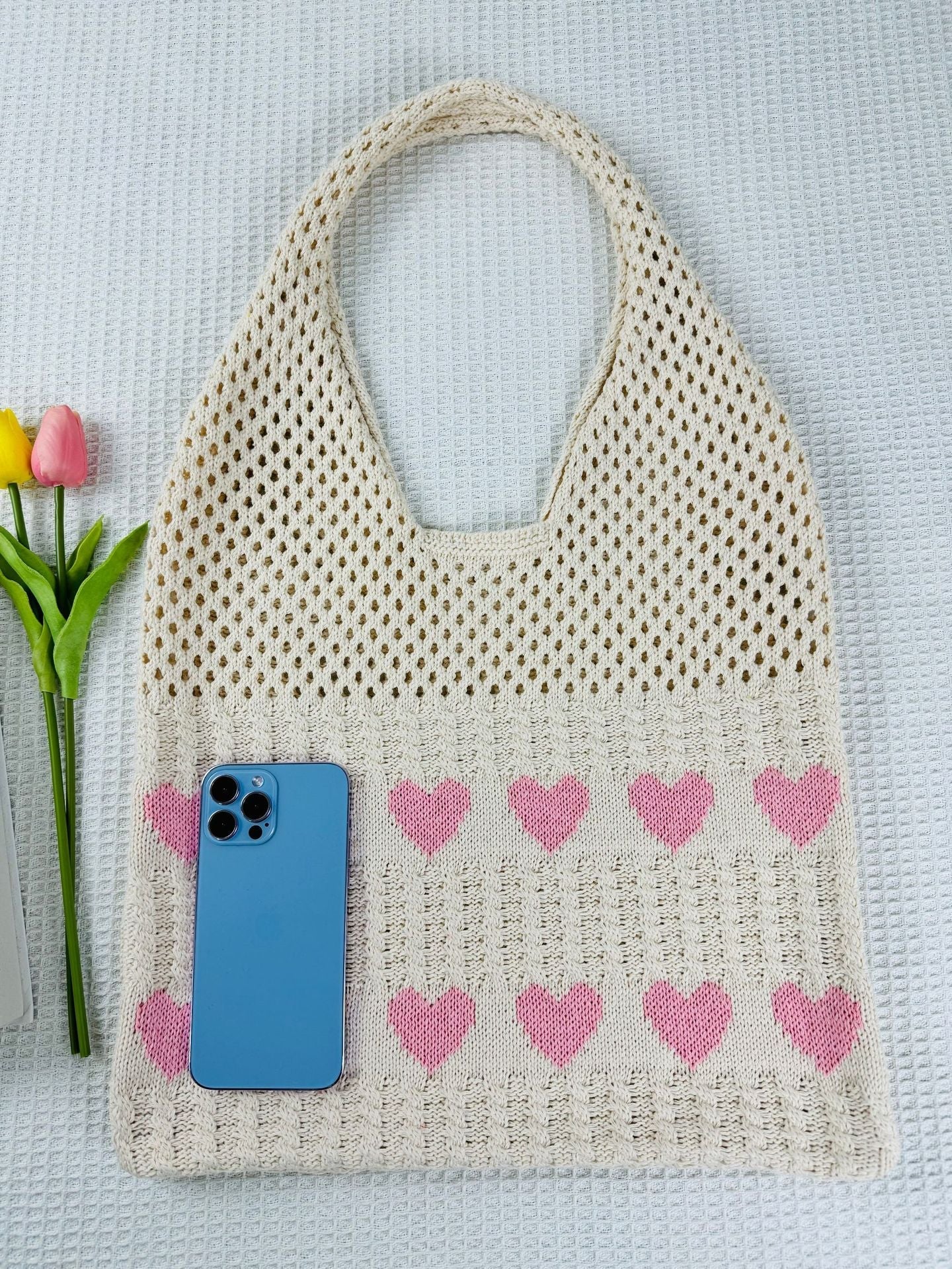 3+ Love Print Hollow Out KNit Shoulder Bag