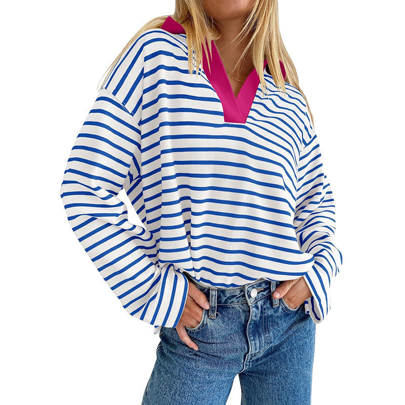 Lapel Striped Color Block Pullover Sweatshirt