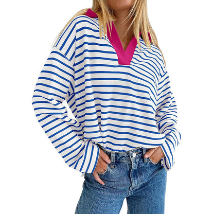 Lapel Striped Color Block Pullover Sweatshirt