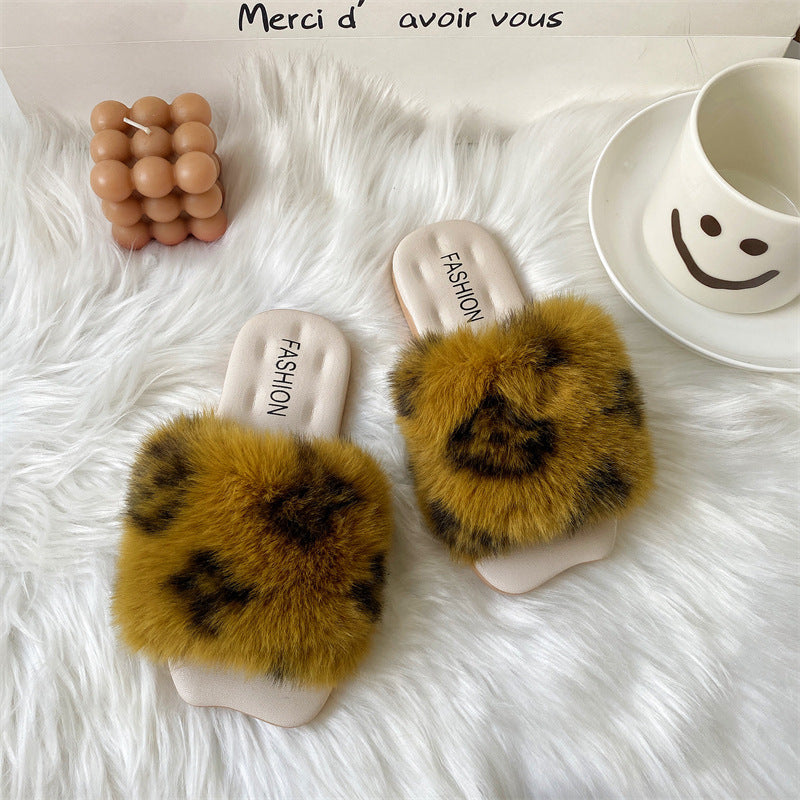Fuzzy Faux Fur Leopard Print Slippers