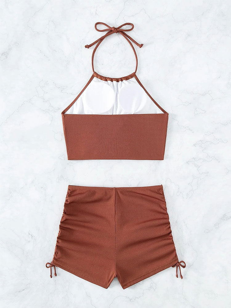 2PCS Solid Color Halter Drawstring Swimwear
