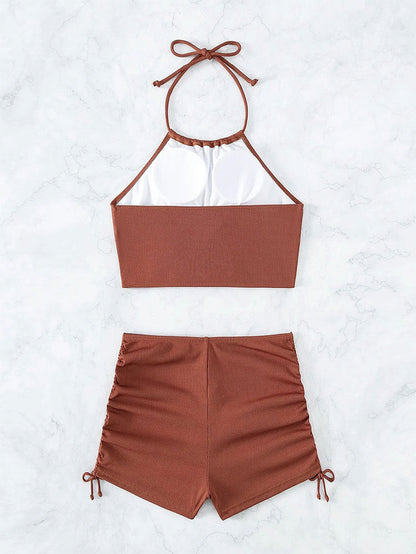 2PCS Solid Color Halter Drawstring Swimwear