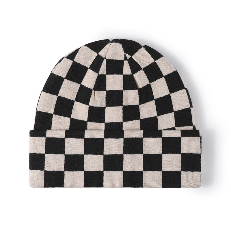 Color Contrast Checkered Knit Beanie Warm Hat