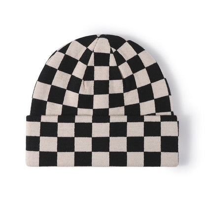 Color Contrast Checkered Knit Beanie Warm Hat