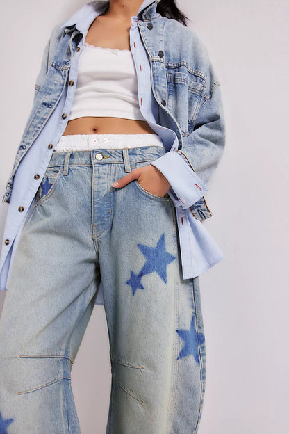 Love Star Print Loose Midi Waist Jeans