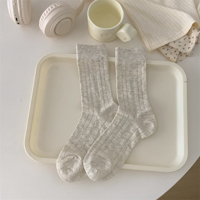 Solid Color Bow Hollow Mesh Thin Socks