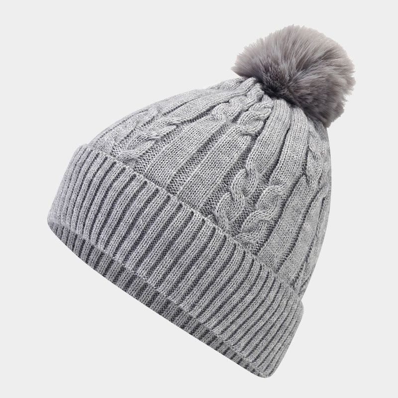 Twist Padded Solid Color Knit Pom Beanie
