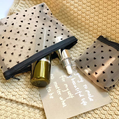 Love Print See Through Mesh Make Up Bag