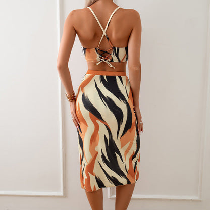 3PCS Print Strap Side Split Dress Cover Swimwear