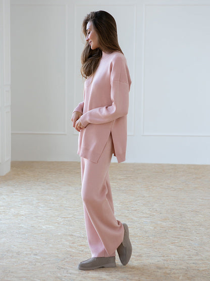 High Collar Side Split Knit Sets