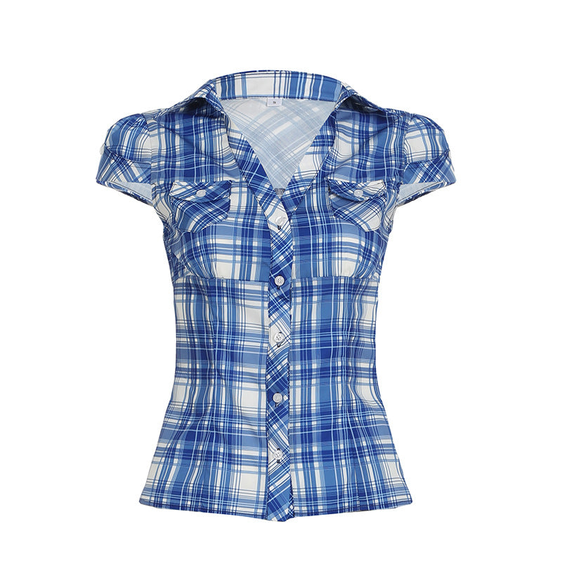 Vintage Plaid V-Neck Short Sleeve Shirt