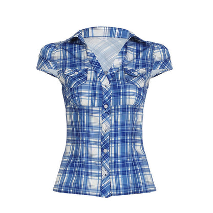 Vintage Plaid V-Neck Short Sleeve Shirt