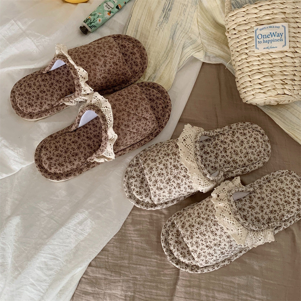 Vintage Floral Print Lace Trim Slippers