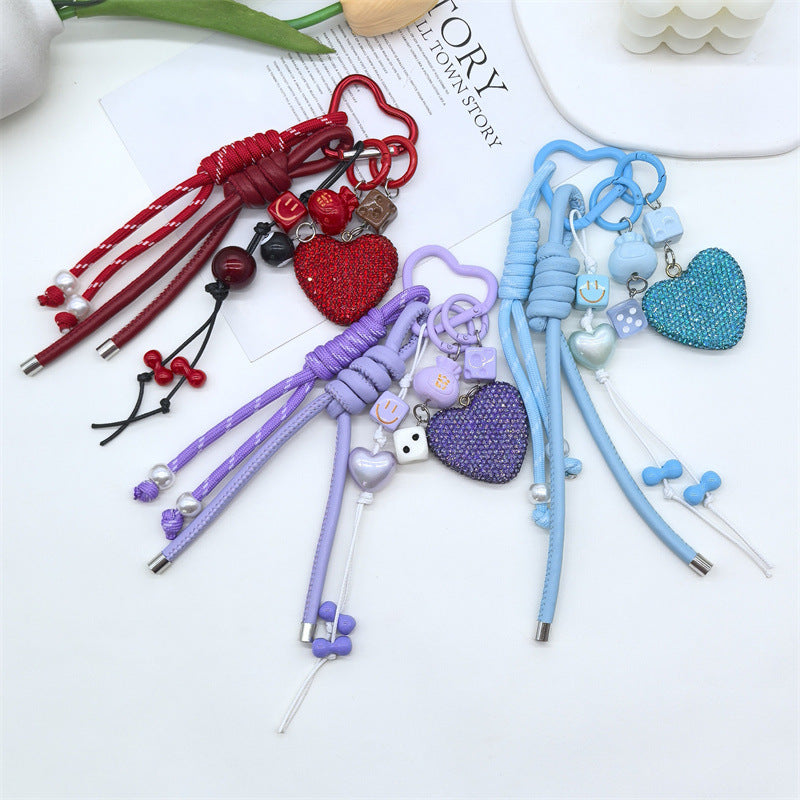 Sparkling Rhinestone Heart Braided Keychain Bag Charms