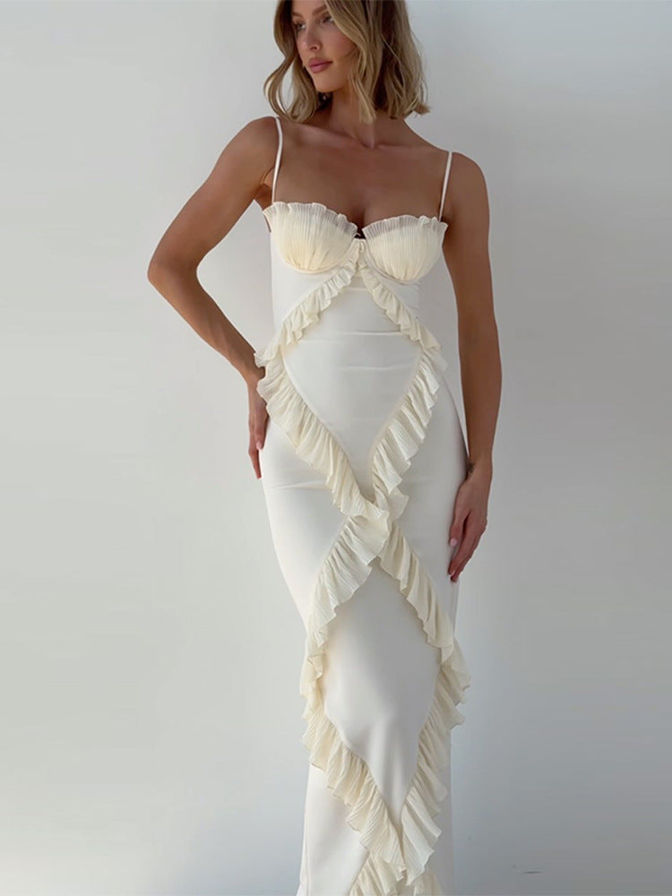 Wrap Ruffle Split Spaghetti Maxi Dress