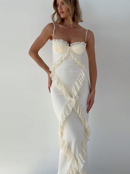 Wrap Ruffle Split Spaghetti Maxi Dress