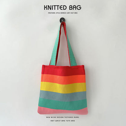 Rainbow Splice Color Block Knit Tote Bag