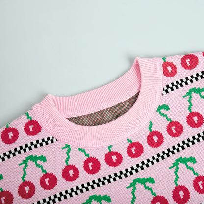Cherry Print Contrast Color Sweater