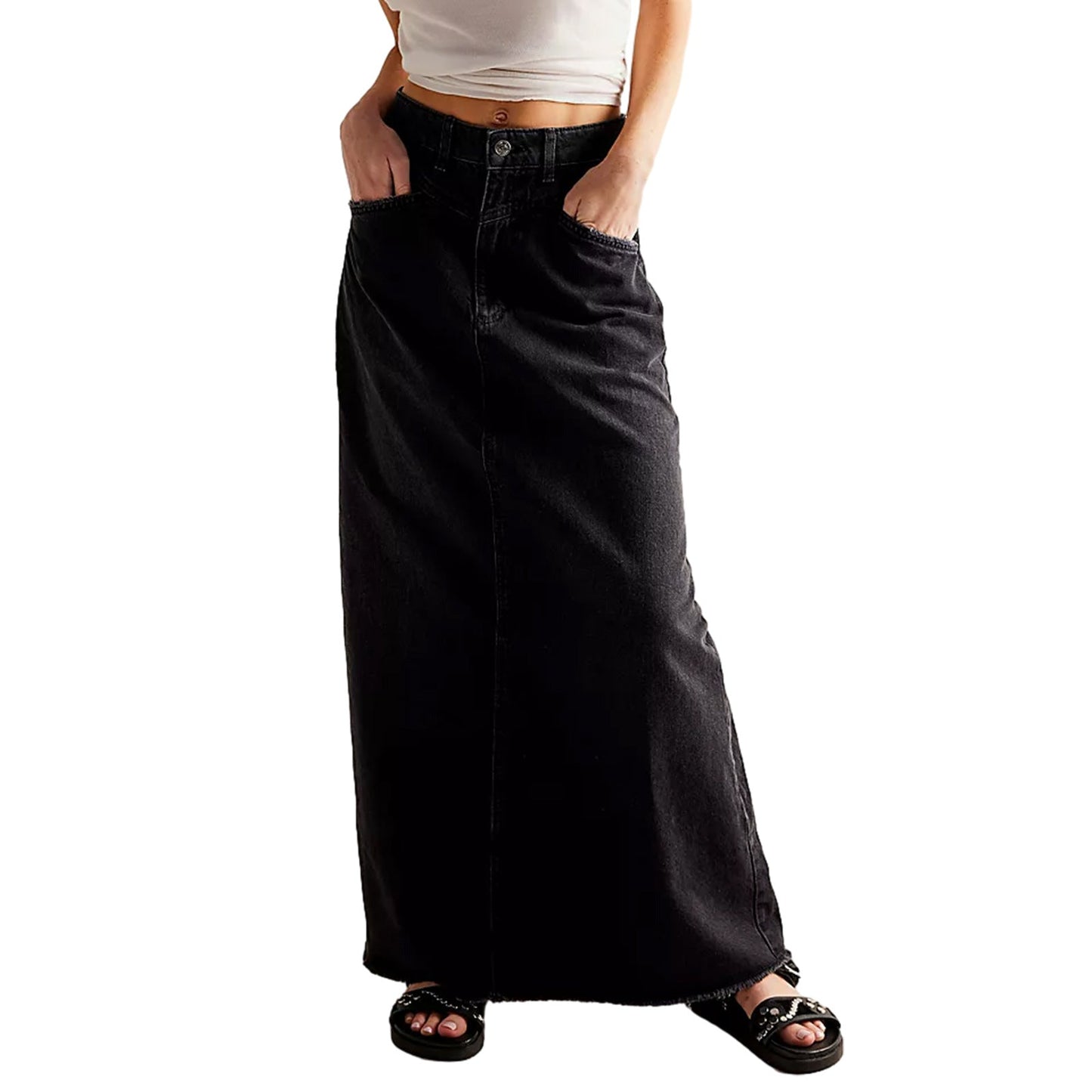 Washed Raw Hem Casual Denim Maxi Skirts