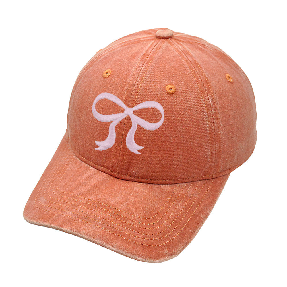 Washed Solid Color Bow Embroider Baseball Caps