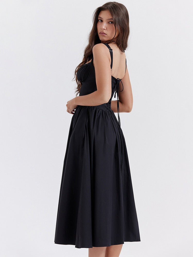 Flower Print Low Collar Spaghetti Midi Dress