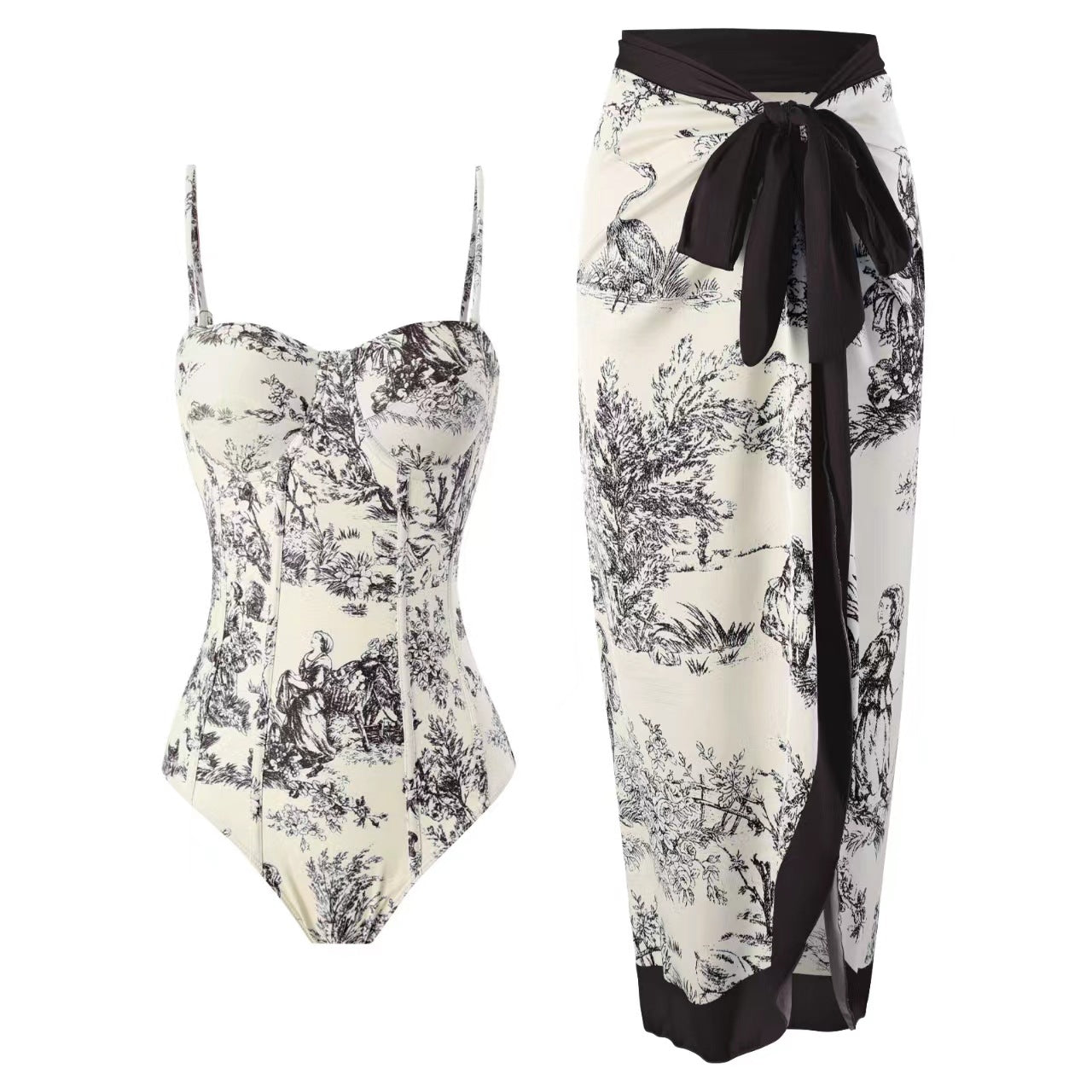 Vintage Print Slim Fit Swimwear with Cover Dress