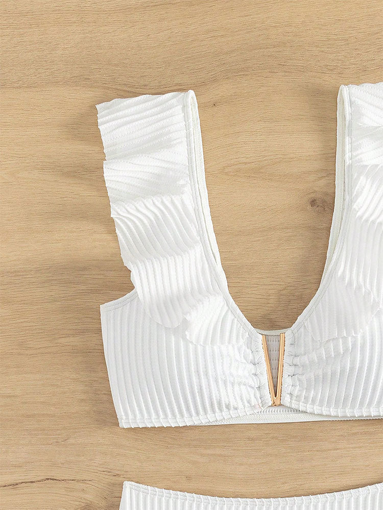 Flounce V-Neck Solid Color Sexy Swimwear