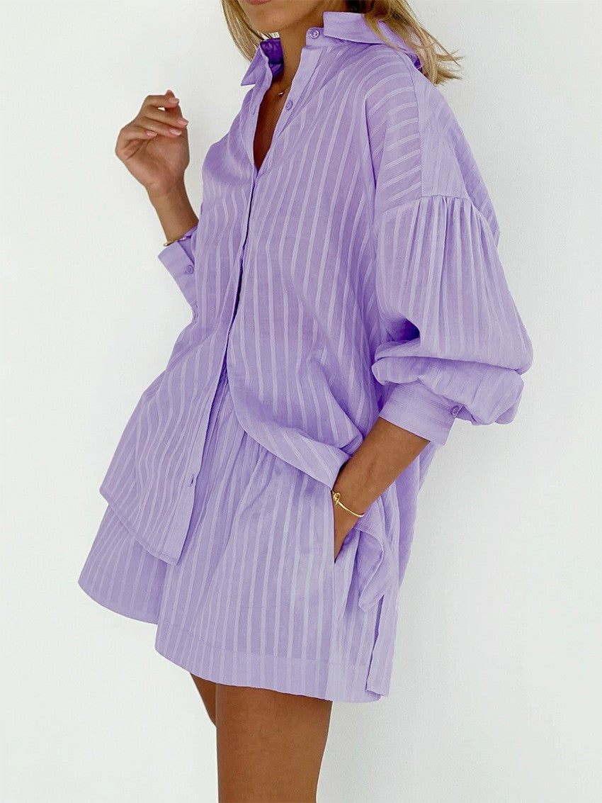 Striped Lantern Sleeves Shirt Short Set