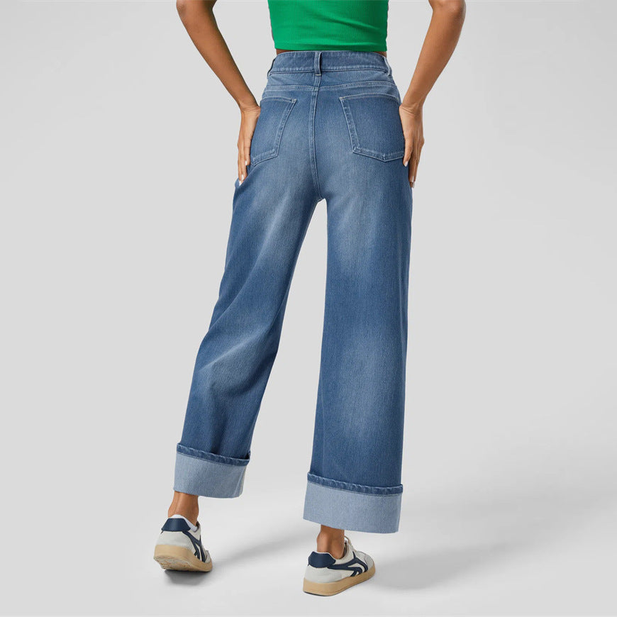 Washed High Waist Casual Straight Leg