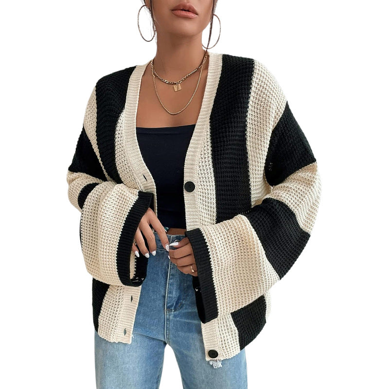 Striped Color Block Flare Sleeves Knit Cardigan
