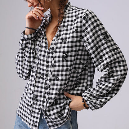 Plaid Color Block Floral String Shirt