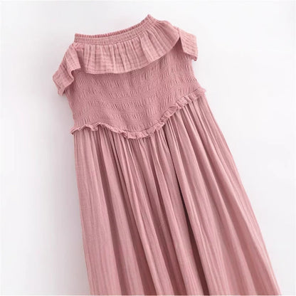 Casual Pleated Spaghetti Strap Ruffle Maxi Dress