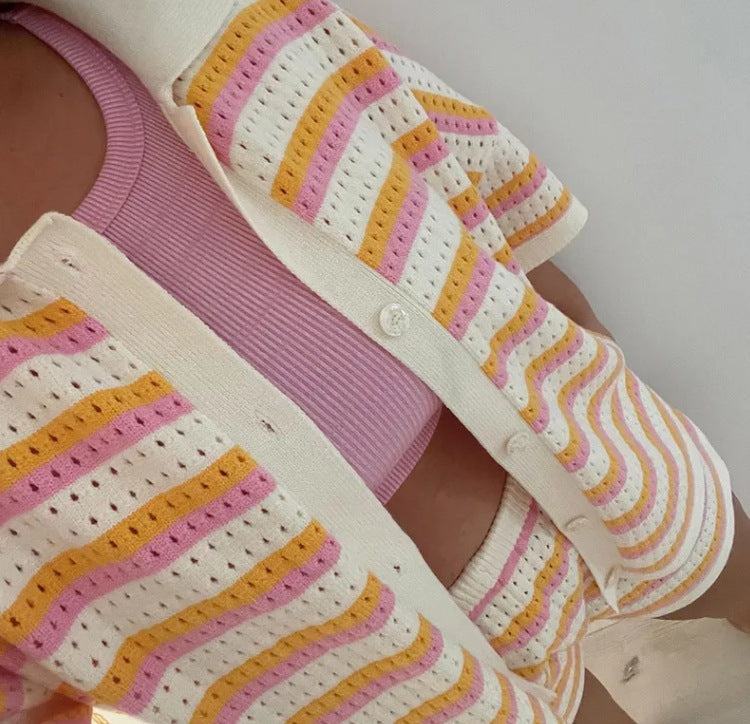 Striped Color Block Lapel Knit Sets