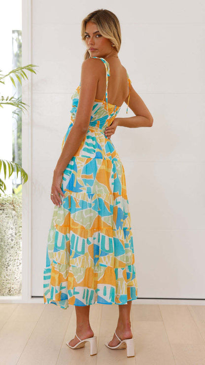 Print Hollow Out String Spaghetti Dress