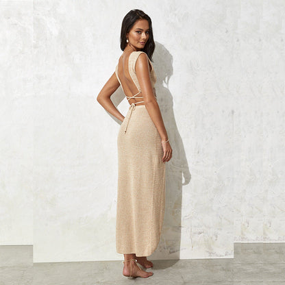 Solid Color V-Neck String Tie Swim Cover Up Set