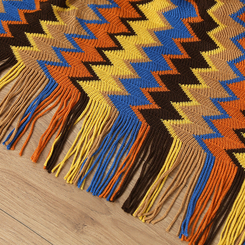 Boho Tassel Knit Color Block Throw Blanket