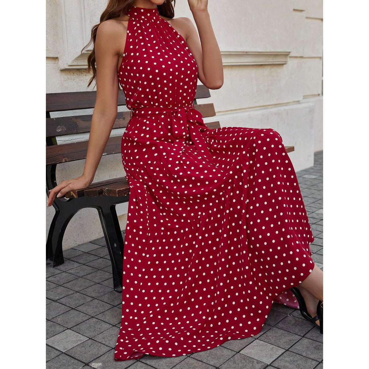 Elegant Polka Dot Tie Waist Halter Dress