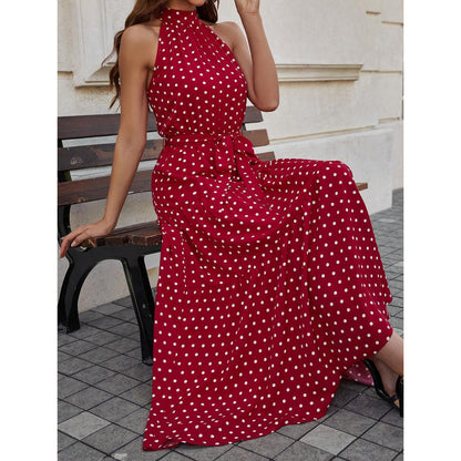 Elegant Polka Dot Tie Waist Halter Dress