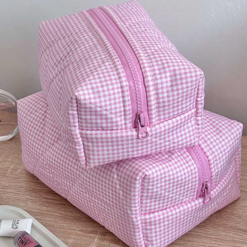 Pink Plaid Sweet Large Capacity Make Up Bag