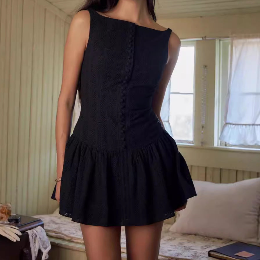 Solid Jacquard Square Neck Button-Up Mini Dress