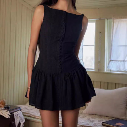 Solid Jacquard Square Neck Button-Up Mini Dress