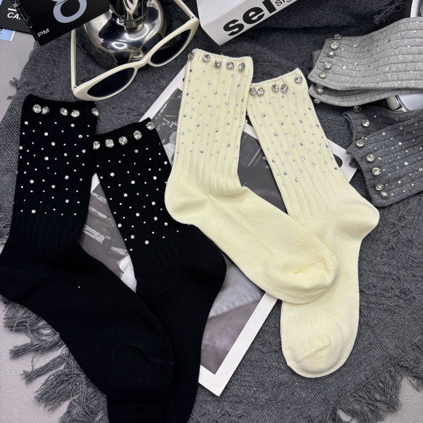 Rhinestone Ribbed Sweet Cotton Socks