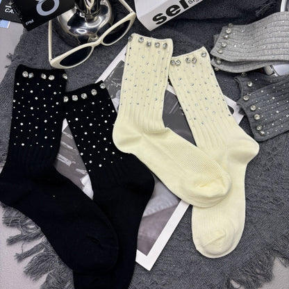 Rhinestone Ribbed Sweet Cotton Socks