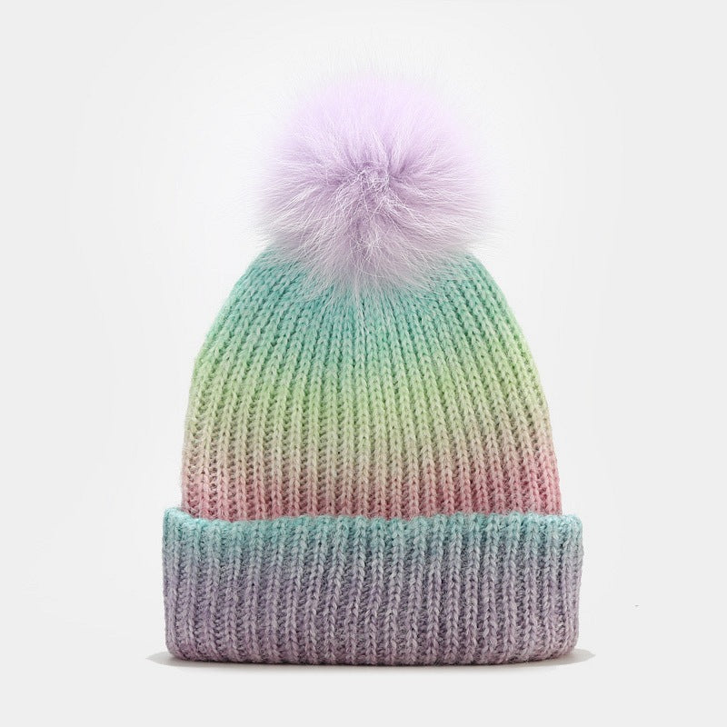 Gradient Contrast Color Cute Knit Pom Beanie