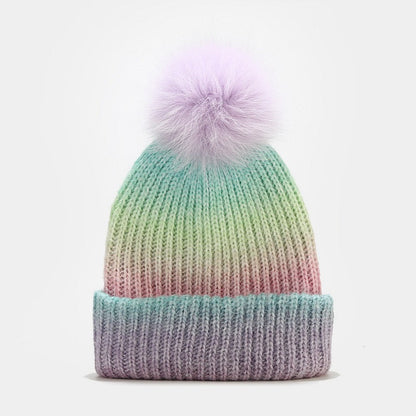 Gradient Contrast Color Cute Knit Pom Beanie